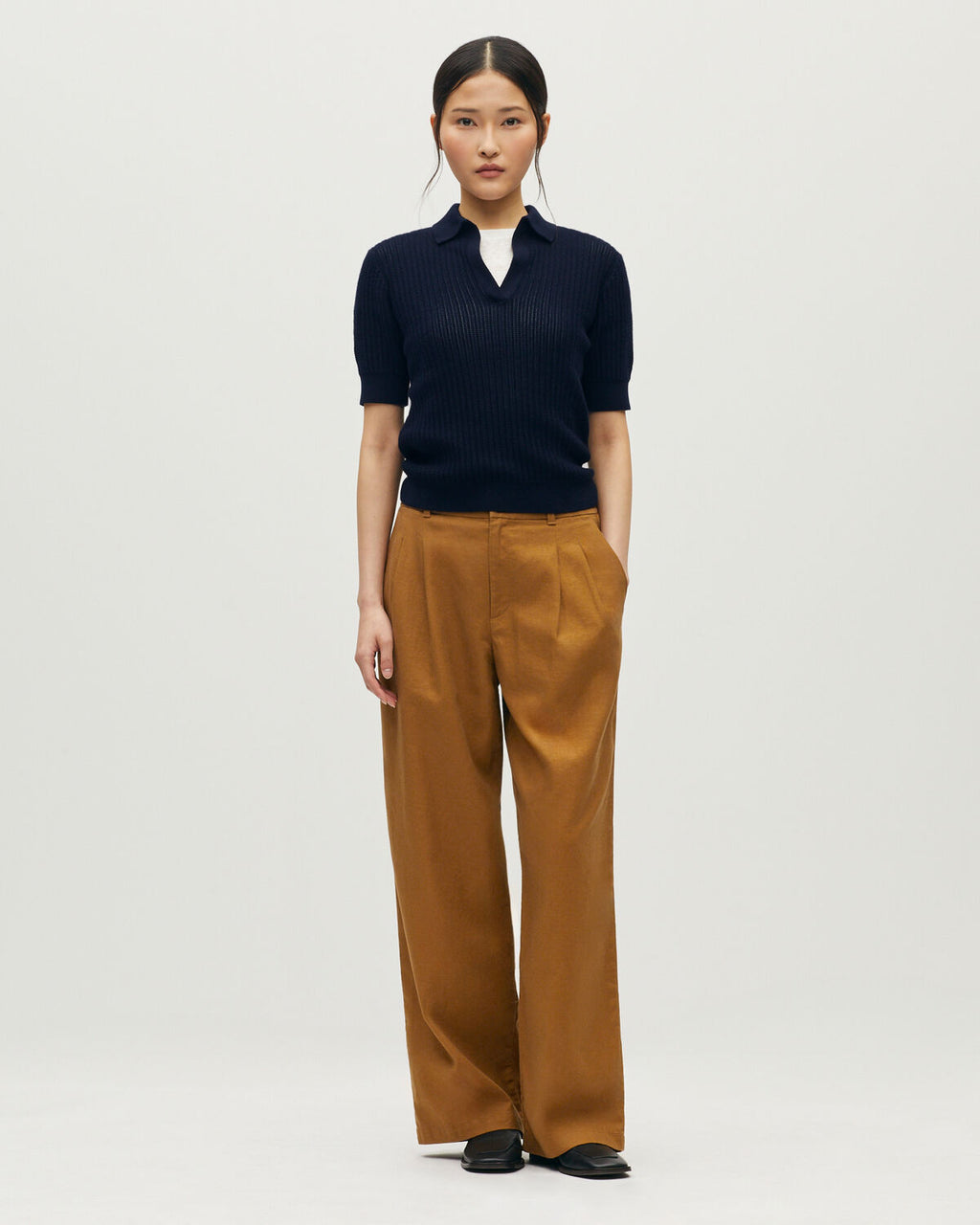Pantalon droit à plis en coton et lin - U370 BROWN - 1