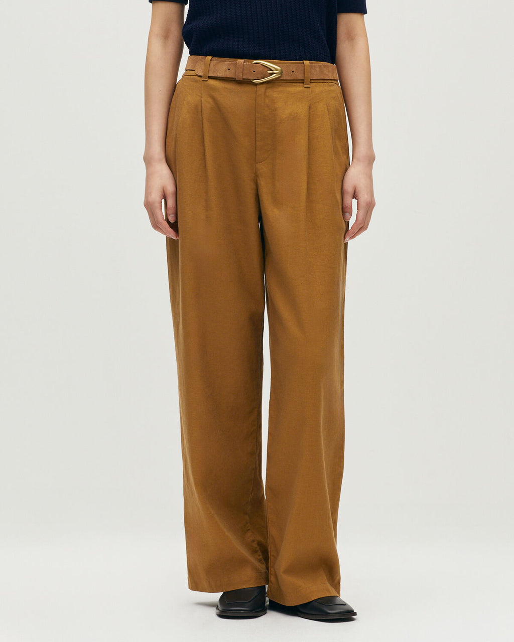 Pantalon droit à plis en coton et lin - U370 BROWN - 2