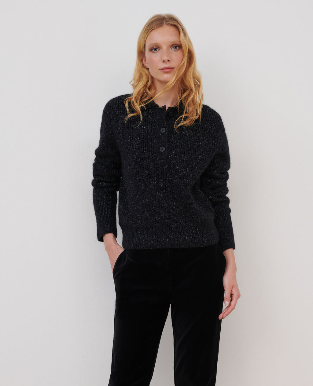 Pull col polo en alpaga mélangé - A092 BLACK KNIT - 1
