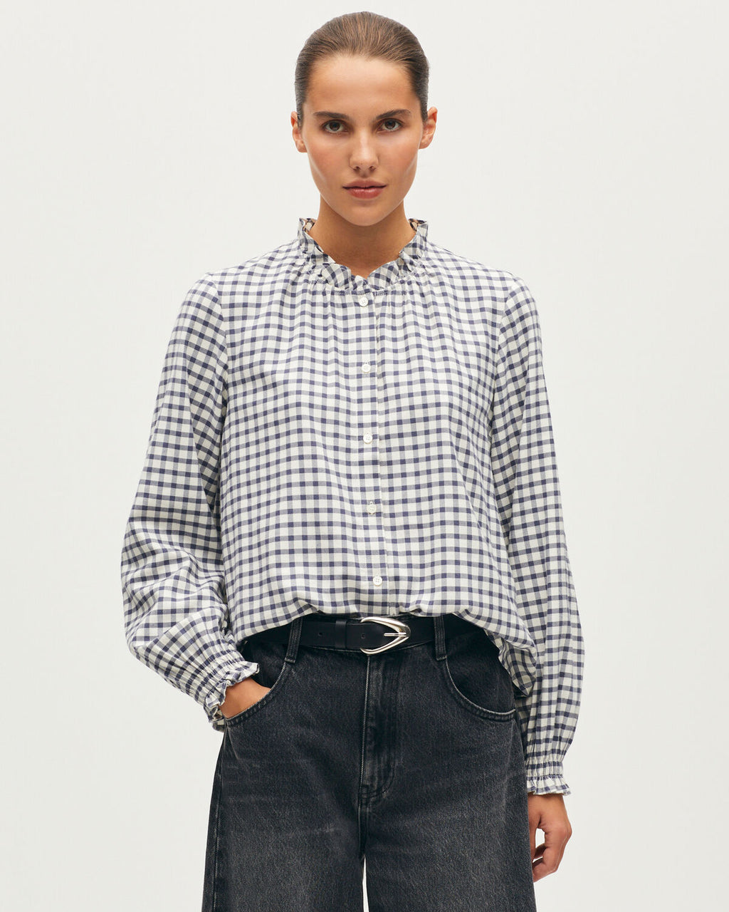 Blouse à col volanté - I072 CHECK CREME GRAY - 1