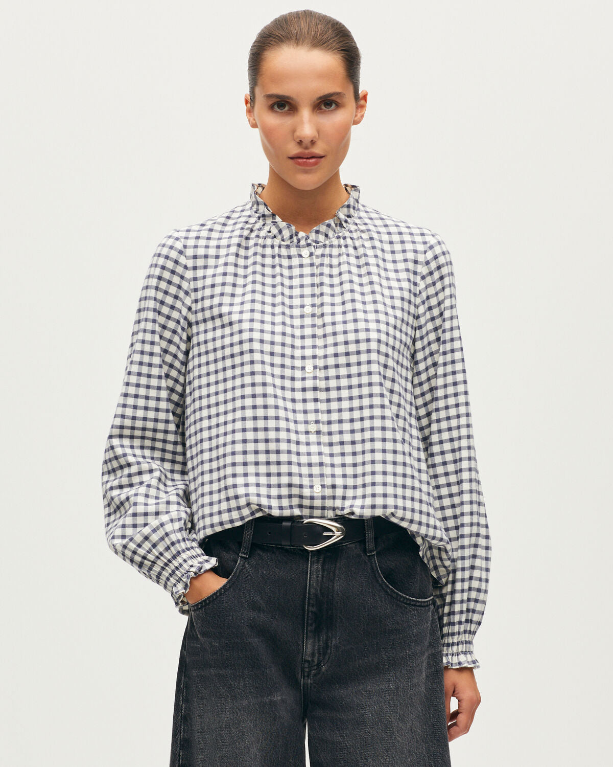Blouse à col volanté - I072 CHECK CREME GRAY - 1