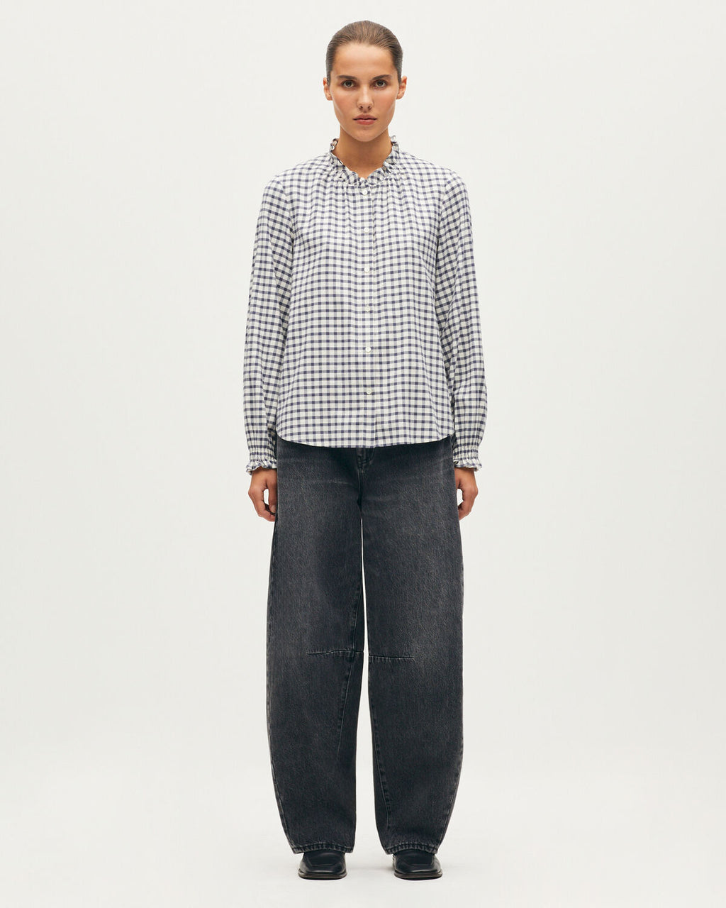 Blouse à col volanté - I072 CHECK CREME GRAY - 2