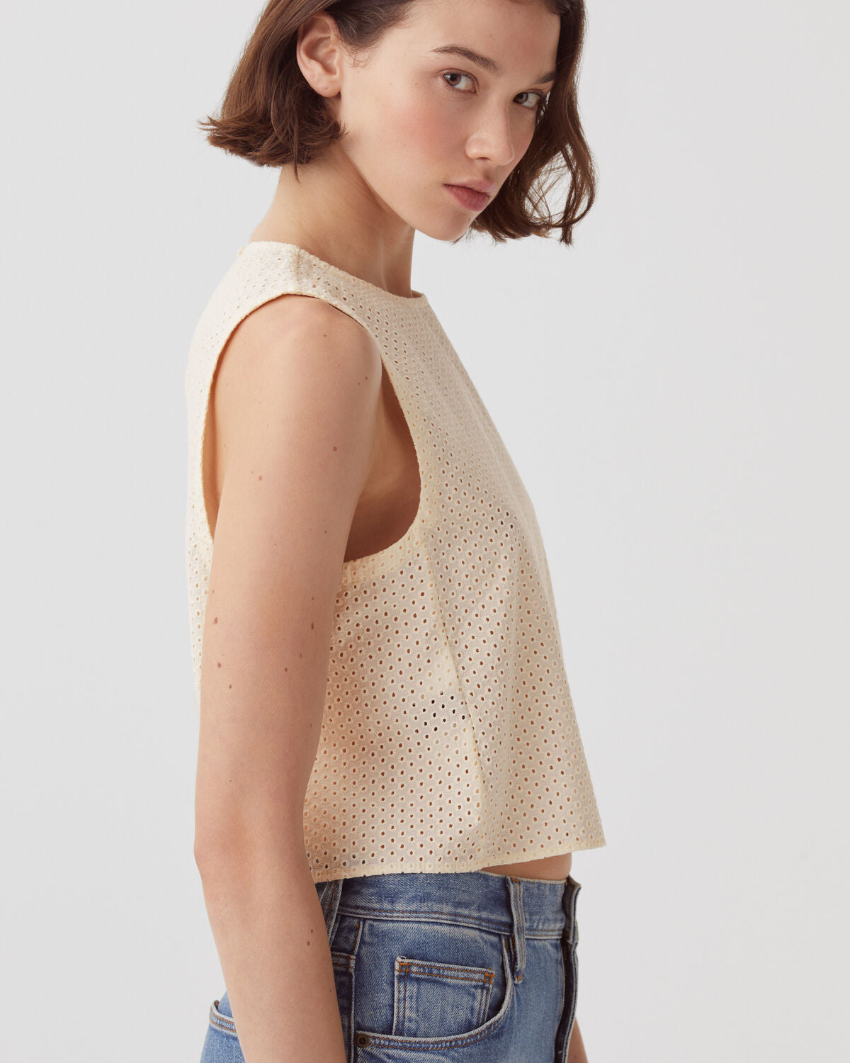 Top sans manches brodé en coton - H013 GARDENIA - 1