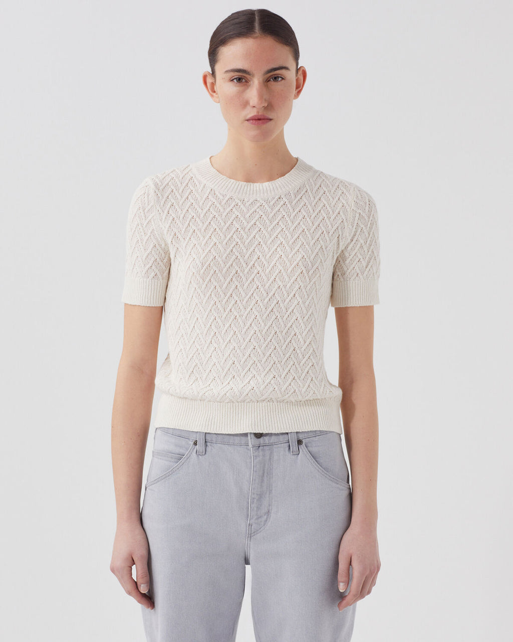 Pull à manches courtes en lin - H303 WHITE SWAN - 1