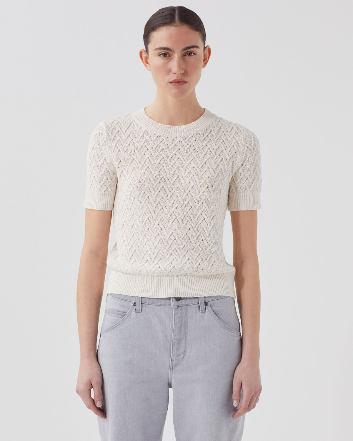 Pull à manches courtes en lin - H303 WHITE SWAN - 1