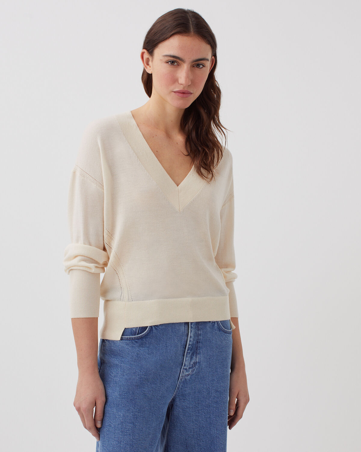 Pull col V en laine et soie - I300 PEARLED IVORY - 1
