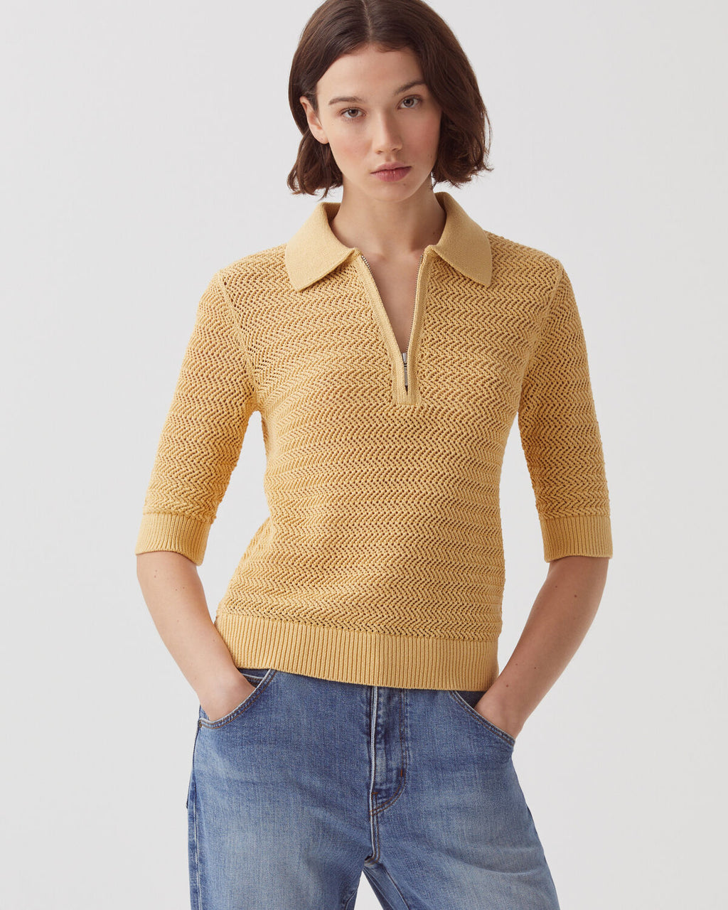 Pull col polo zippé en coton - J420 MOONSTONE - 1