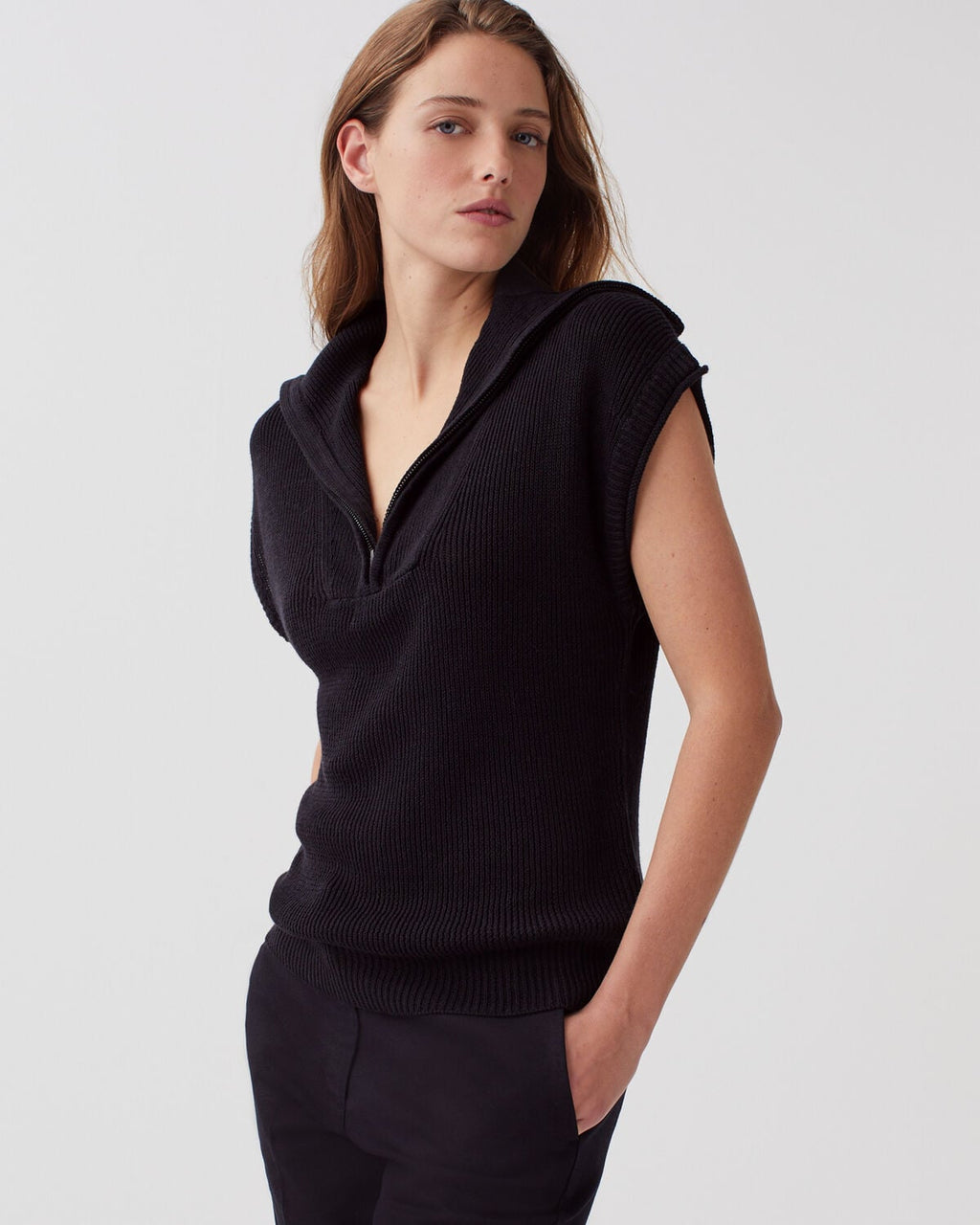 Pull sans manches col zippé en lin - H091 BLACK BEAUTY - 1