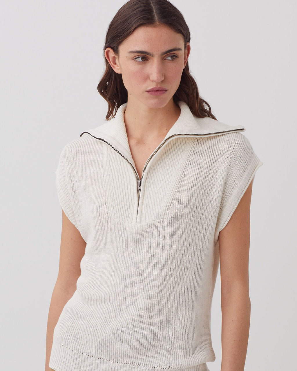 Pull sans manches col zippé en lin - H303 WHITE SWAN - 2