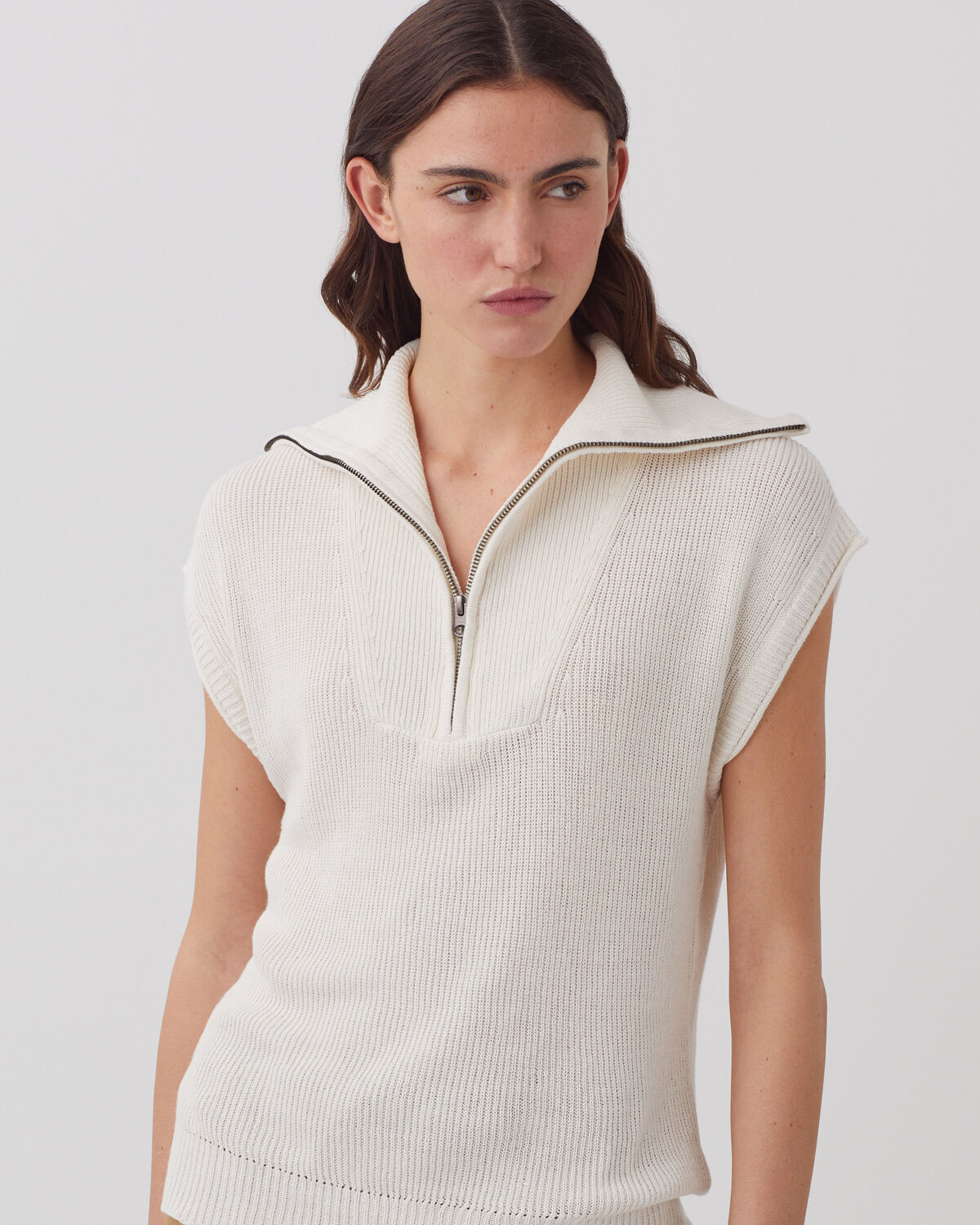Pull sans manches col zippé en lin - H303 WHITE SWAN - 2