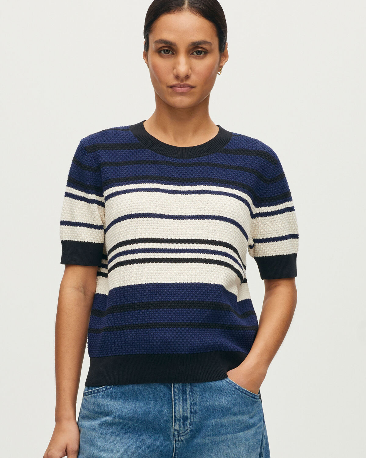 Pull à manches courtes en coton - J695 ST ECRU NAVY - 1