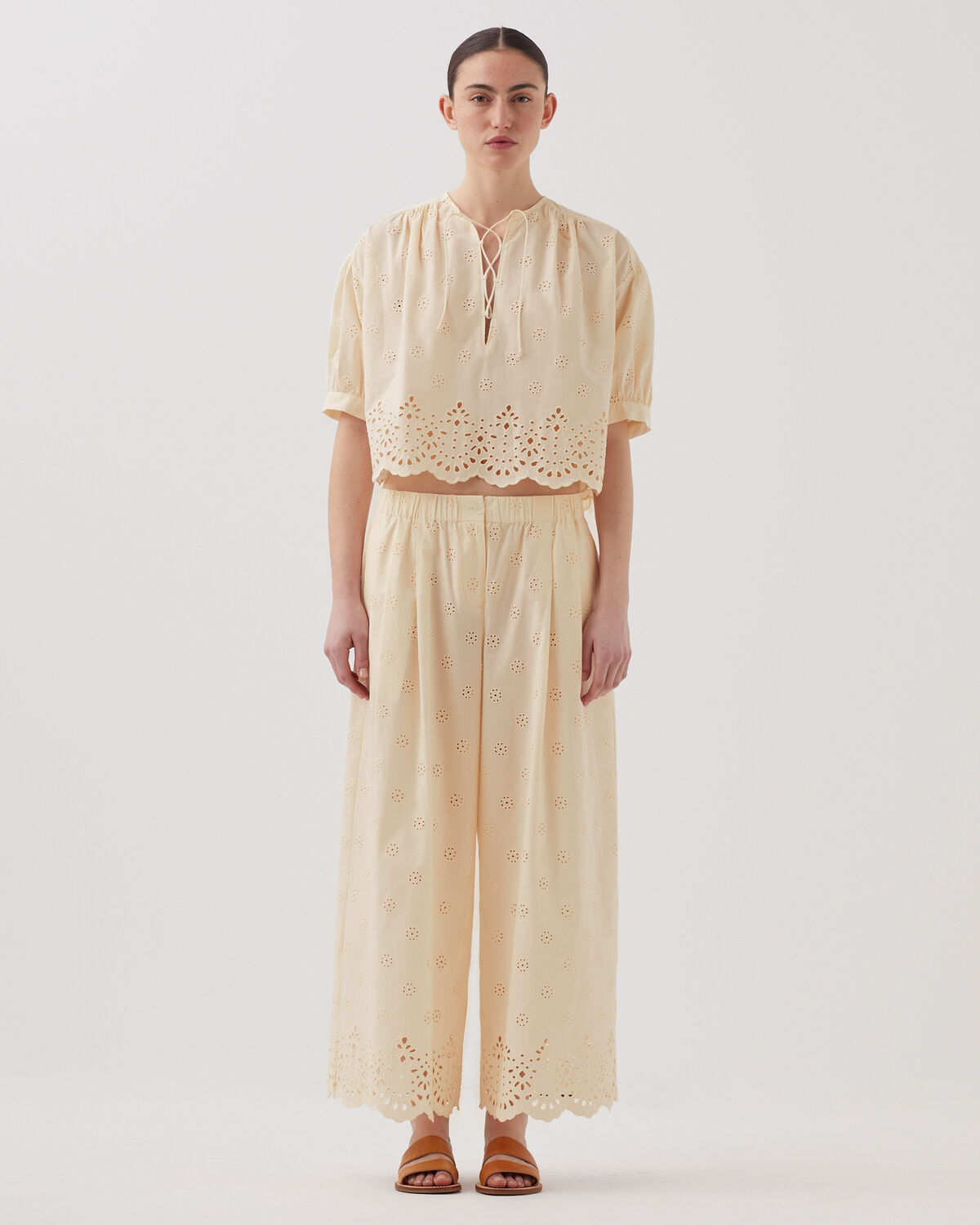 Pantalon ample broderie anglaise en coton - I307 ECRU - 1