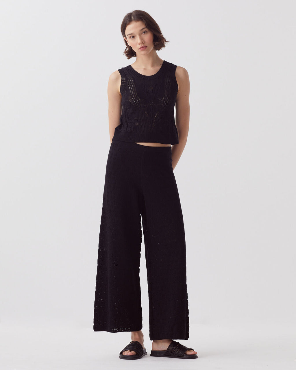 Pantalon évasé crochet texturé en coton - H091 BLACK BEAUTY - 1