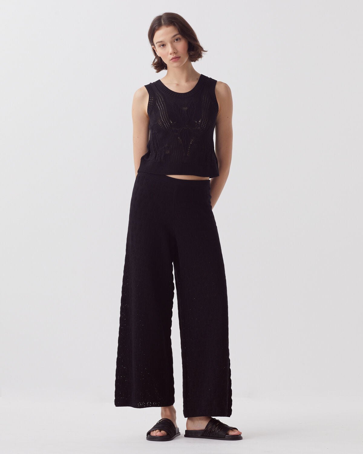 Pantalon évasé crochet texturé en coton - H091 BLACK BEAUTY - 1
