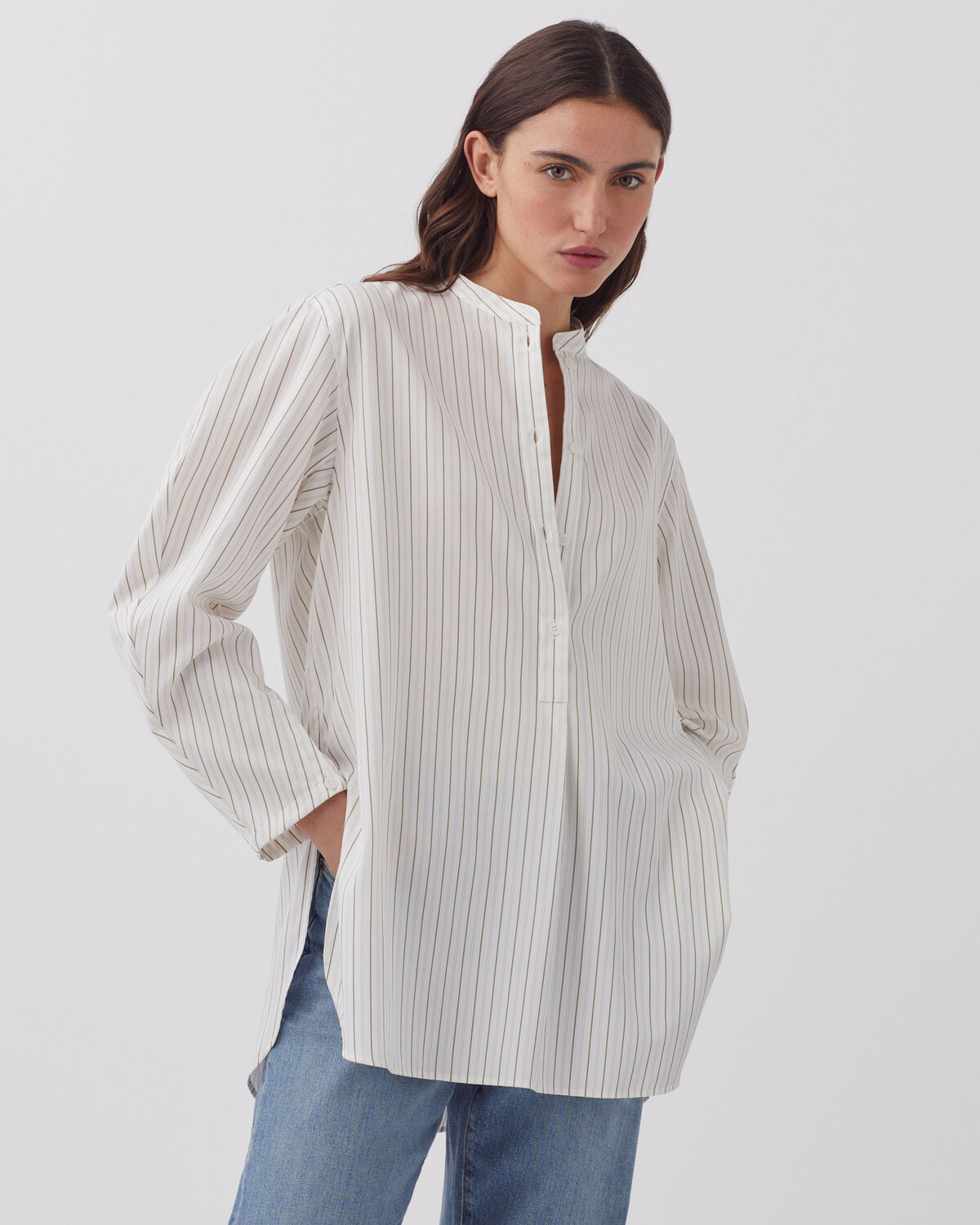 Chemise oversize en coton satiné - J011 ST WHITE KAKI - 1