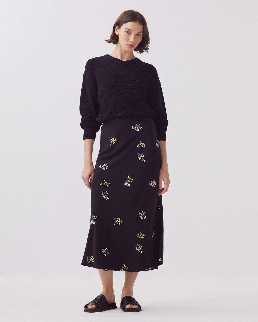 Jupe midi fluide - J091 FL BOUQUET BLACK - 1
