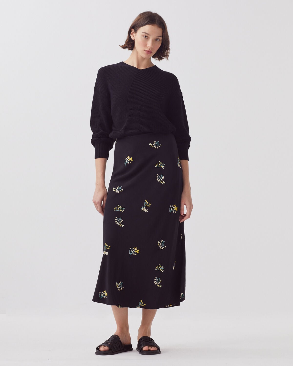 Jupe midi fluide - J091 FL BOUQUET BLACK - 1
