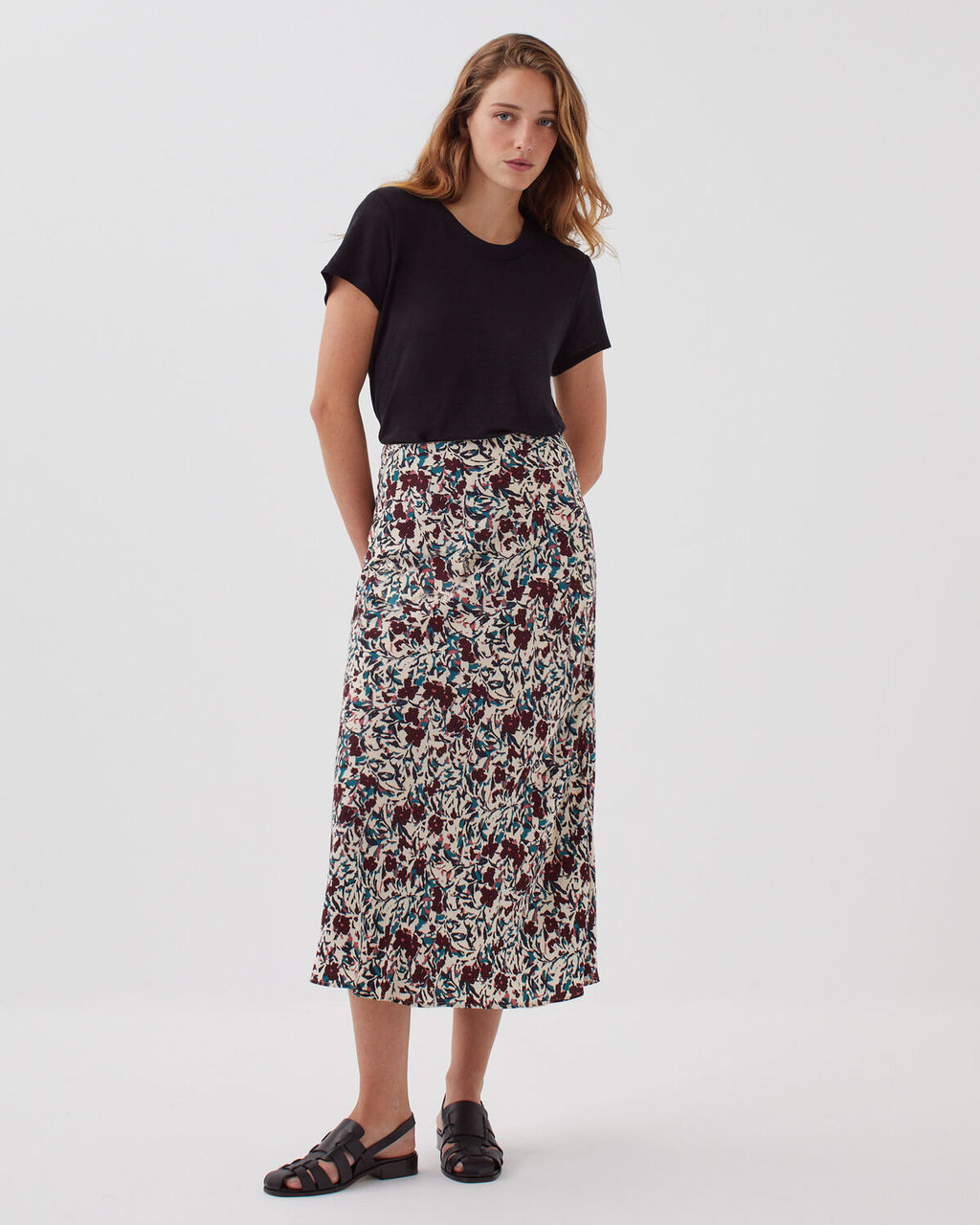 Jupe midi fluide - J751 LEAF BURGUNDY - 1