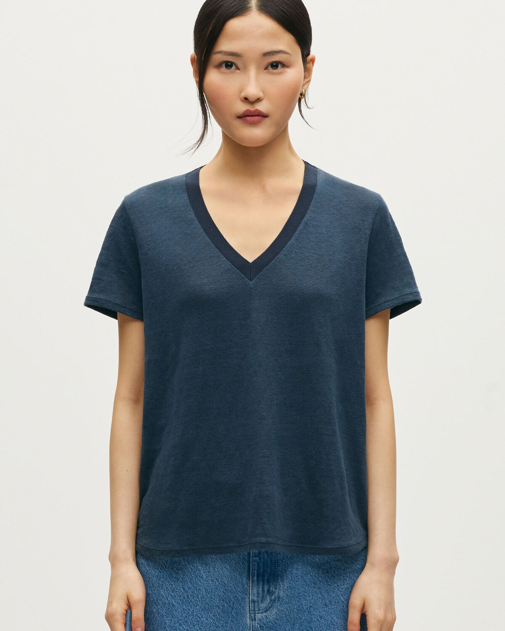T-shirt col V en lin SARAH - J690 BLUEBERRY - 1