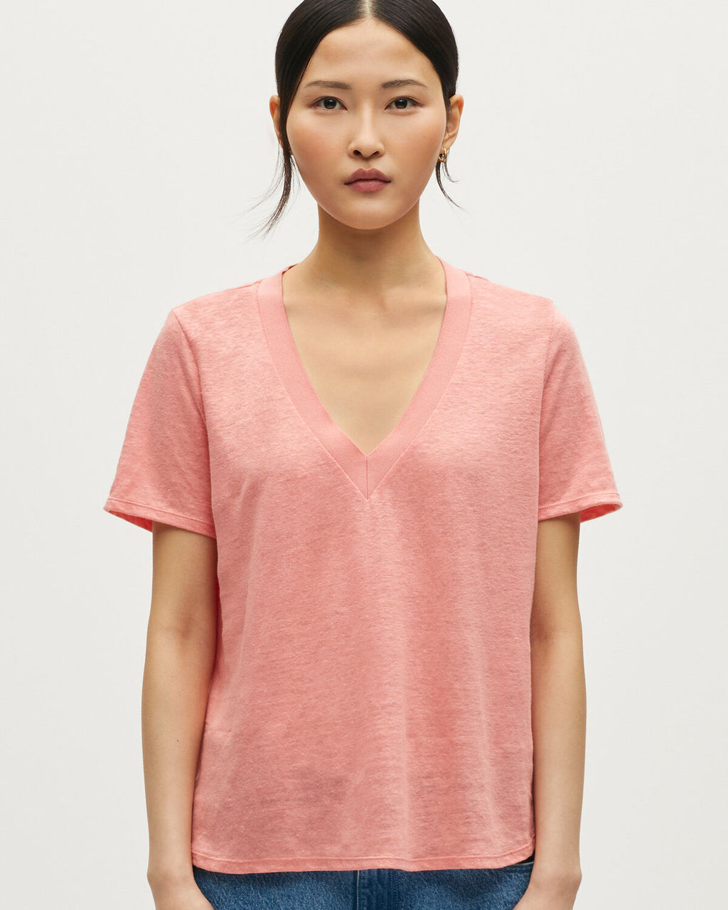 T-shirt col V en lin SARAH - U120 PINK - 1