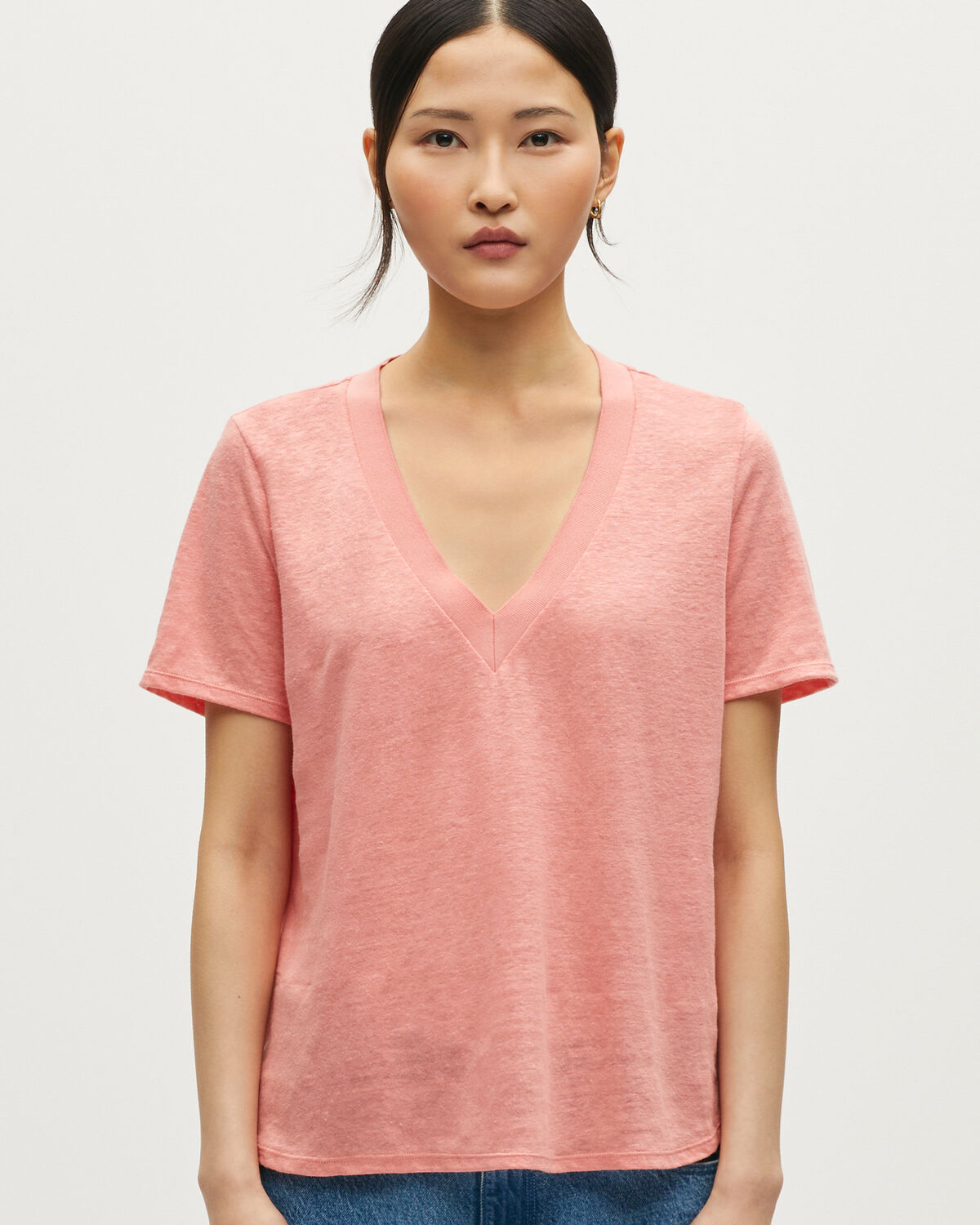 T-shirt col V en lin SARAH - U120 PINK - 1