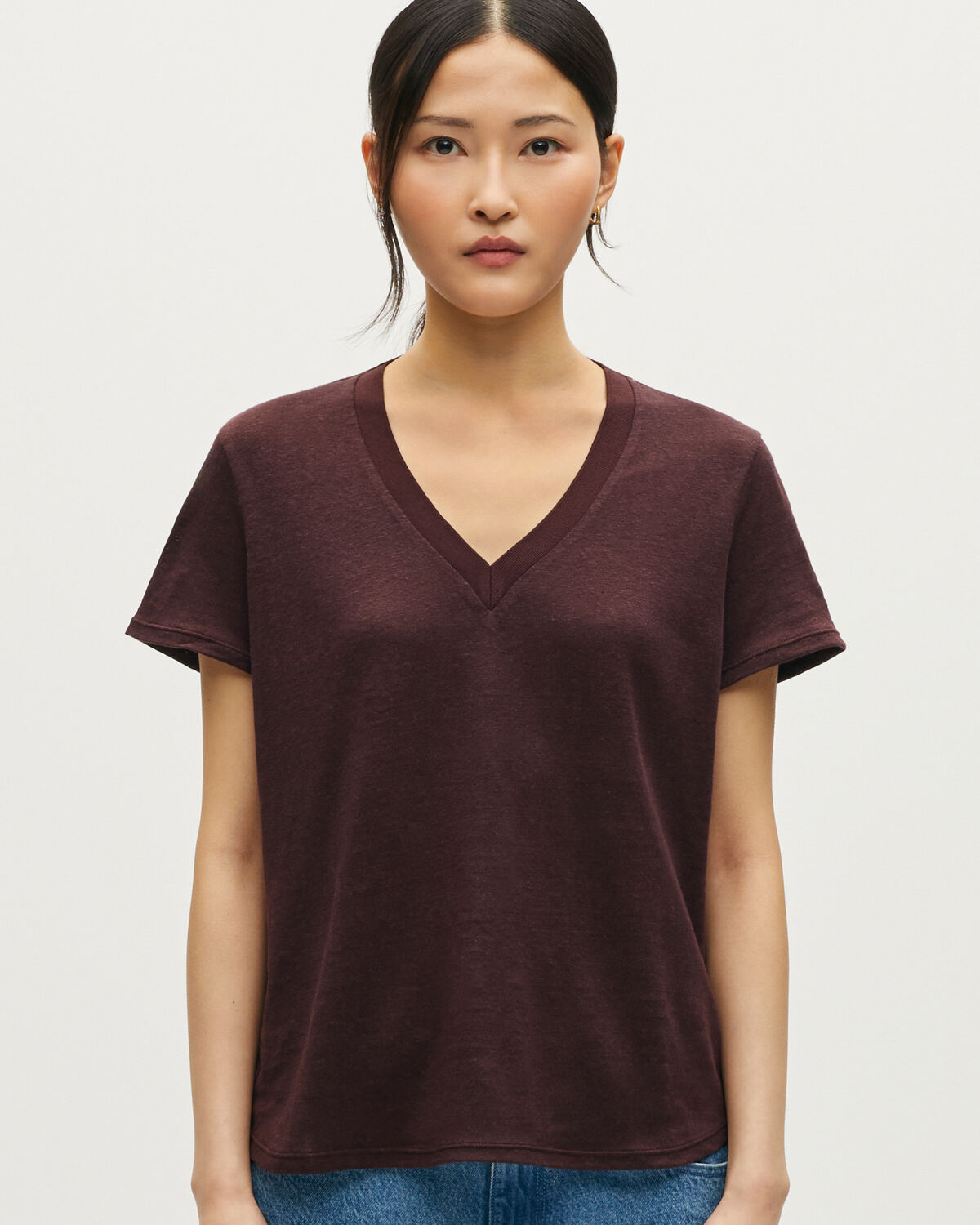 T-shirt col V en lin SARAH - U190 WINE - 1