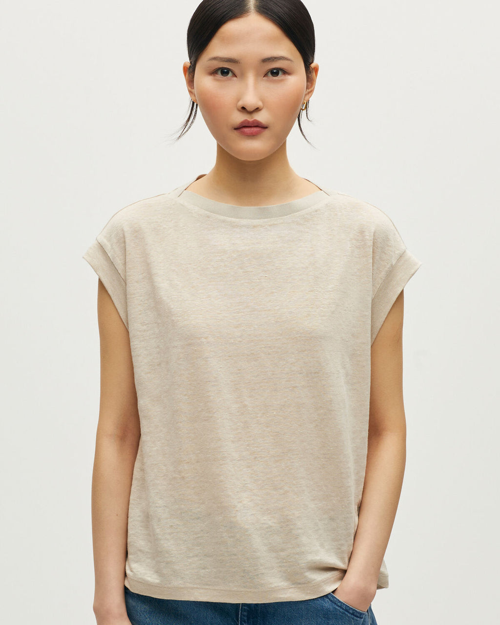 T-shirt boxy en lin KARO - J020 BEIGE LINING - 1