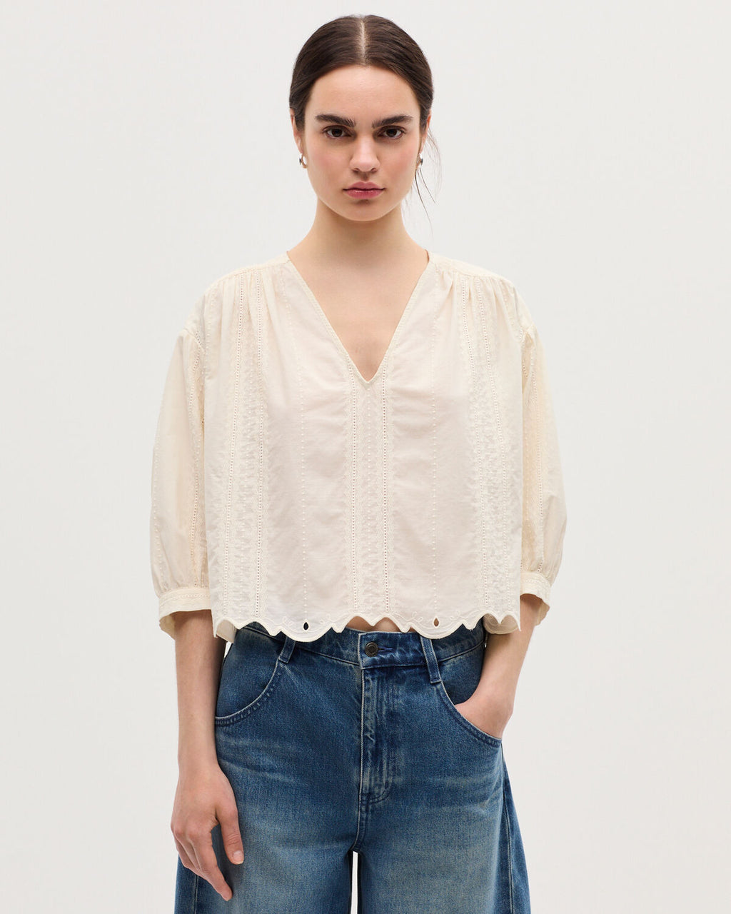Blouse brodée en coton - H013 GARDENIA - 1