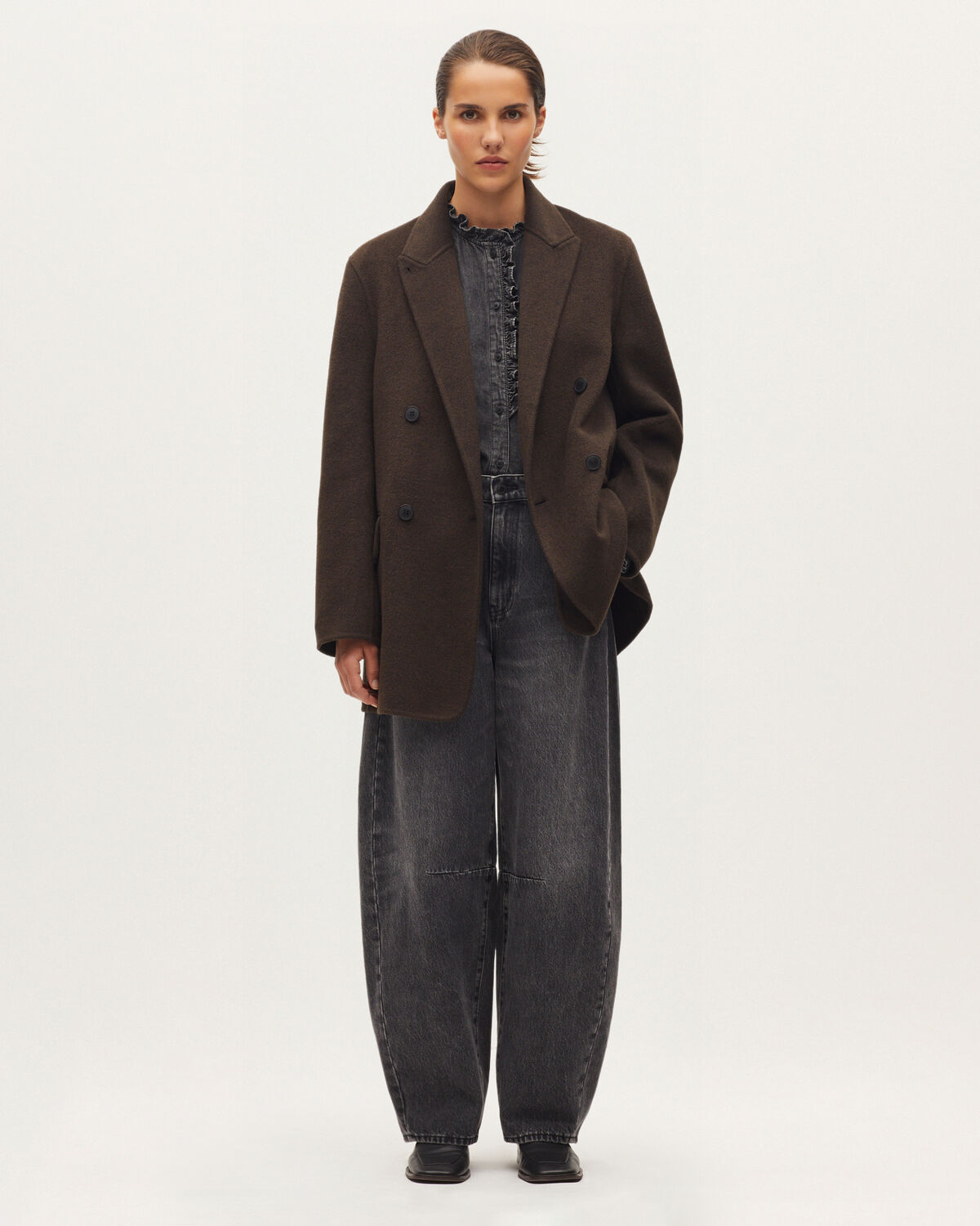 Veste mi-longue croisée avec laine - K381 TWILL BROWN - 1