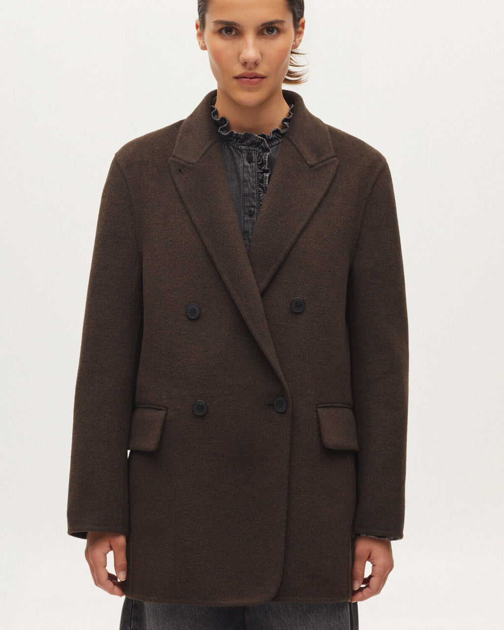Veste mi-longue croisée avec laine - K381 TWILL BROWN - 2