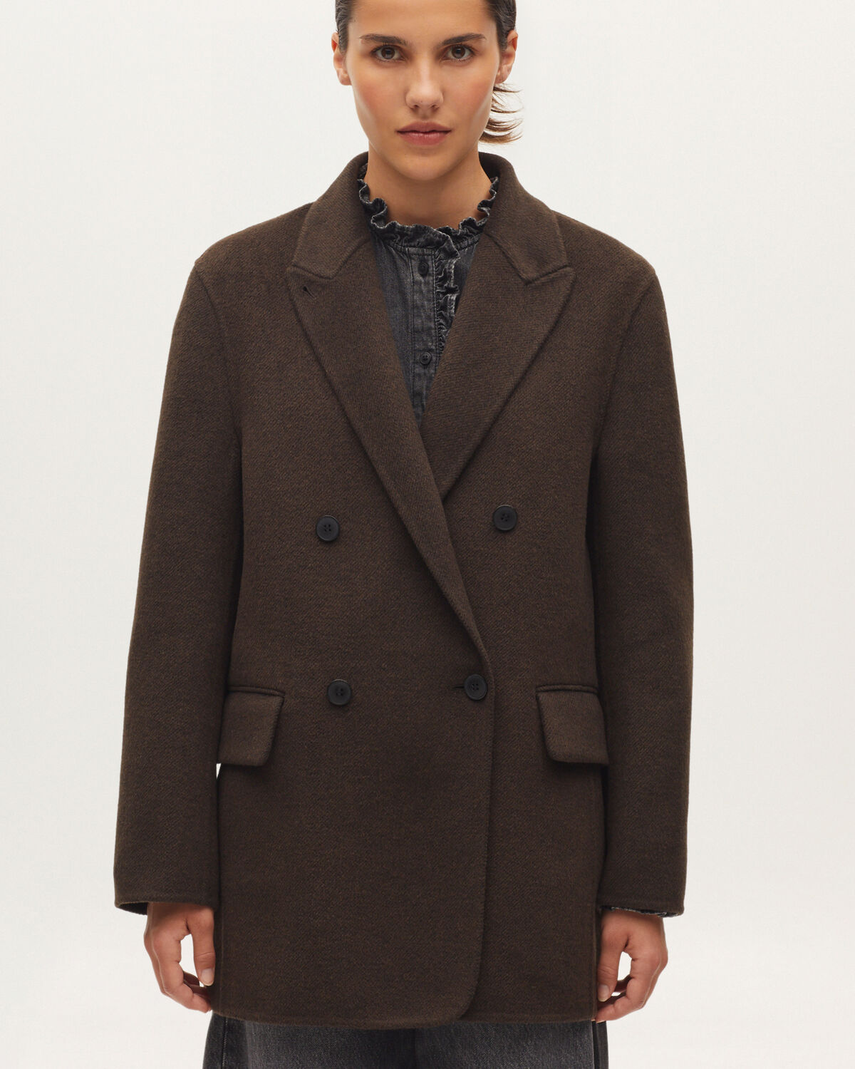 Veste mi-longue croisée avec laine - K381 TWILL BROWN - 2