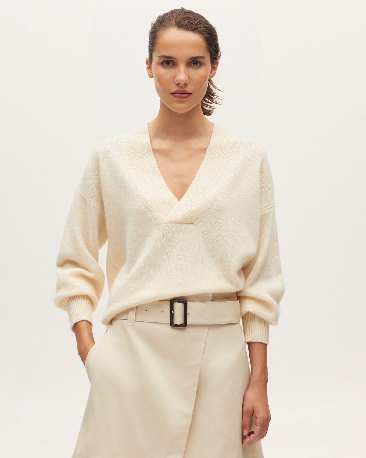 Pull col V en cachemire - K300 ECRU BEIGE - 1