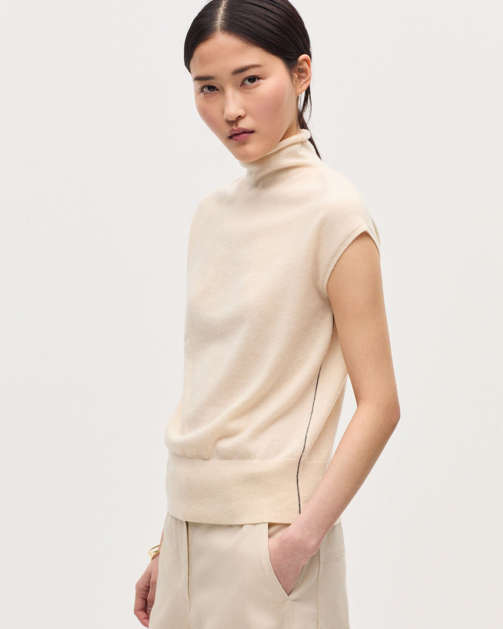 Pull sans manches en cachemire  - K011 ECRU ST GRAY - 1