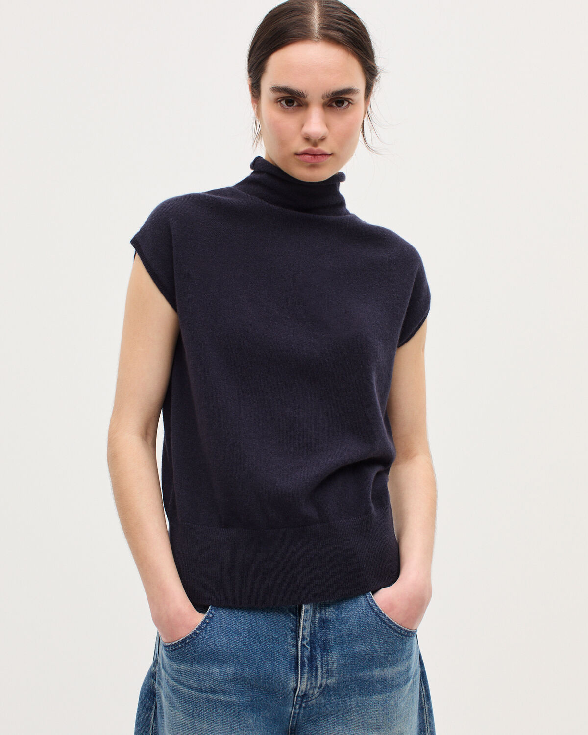 Pull sans manches en cachemire  - K691 NAVY ST GRAY - 1