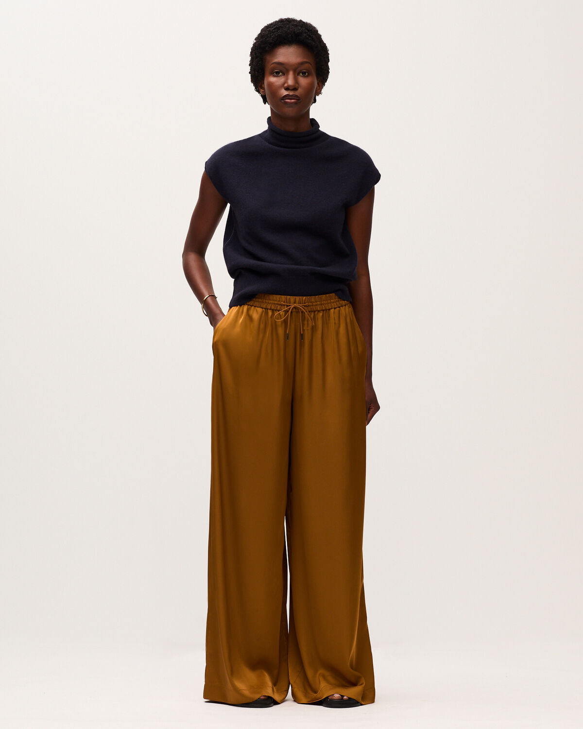 Pantalon large fluide satiné - K340 BONE BROWN - 1