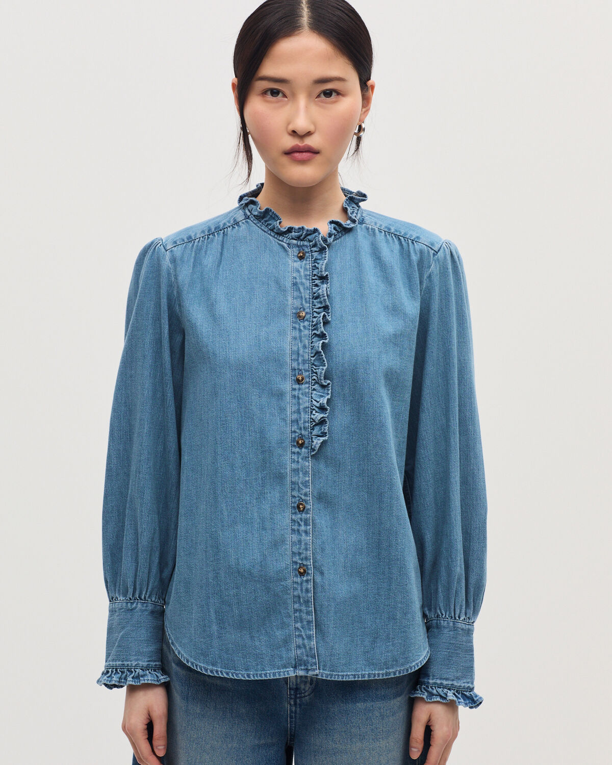 Chemise col volanté en coton - J621 LIGHT BLUE - 1