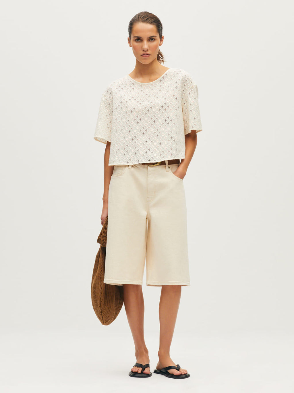 Top boxy avec broderie en coton - L010 ANTIQUE WHITE - 1