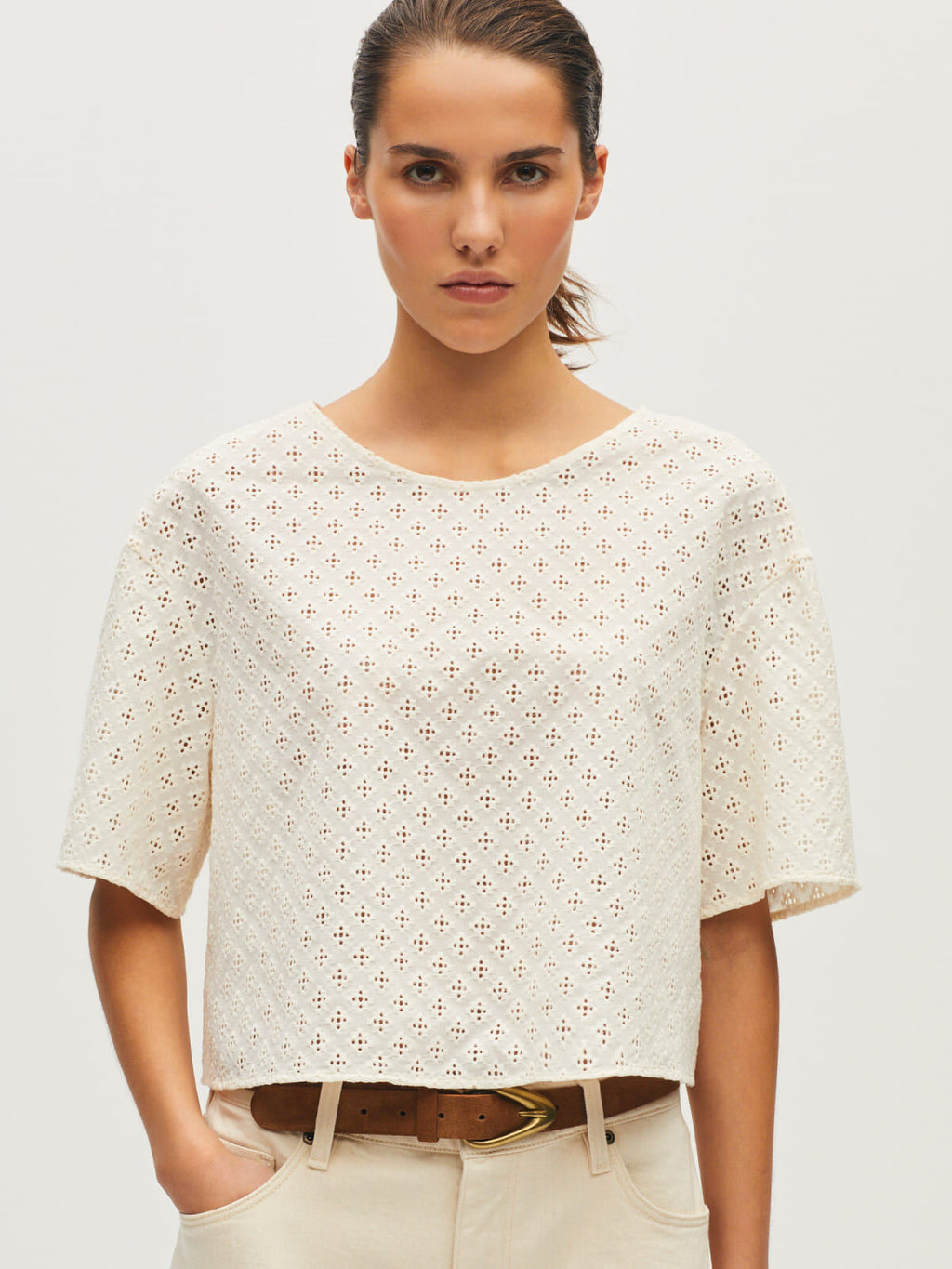 Top boxy avec broderie en coton - L010 ANTIQUE WHITE - 2