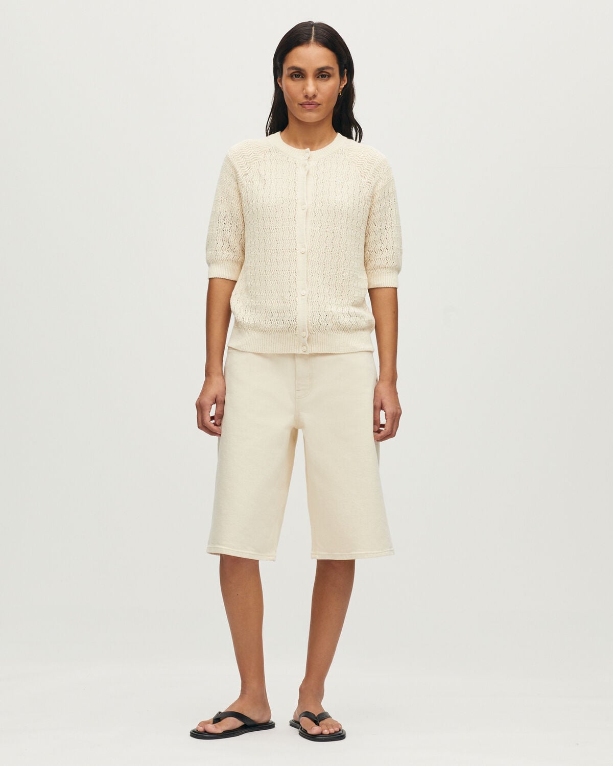 Cardigan manches courtes en lin - L010 ANTIQUE WHITE - 2