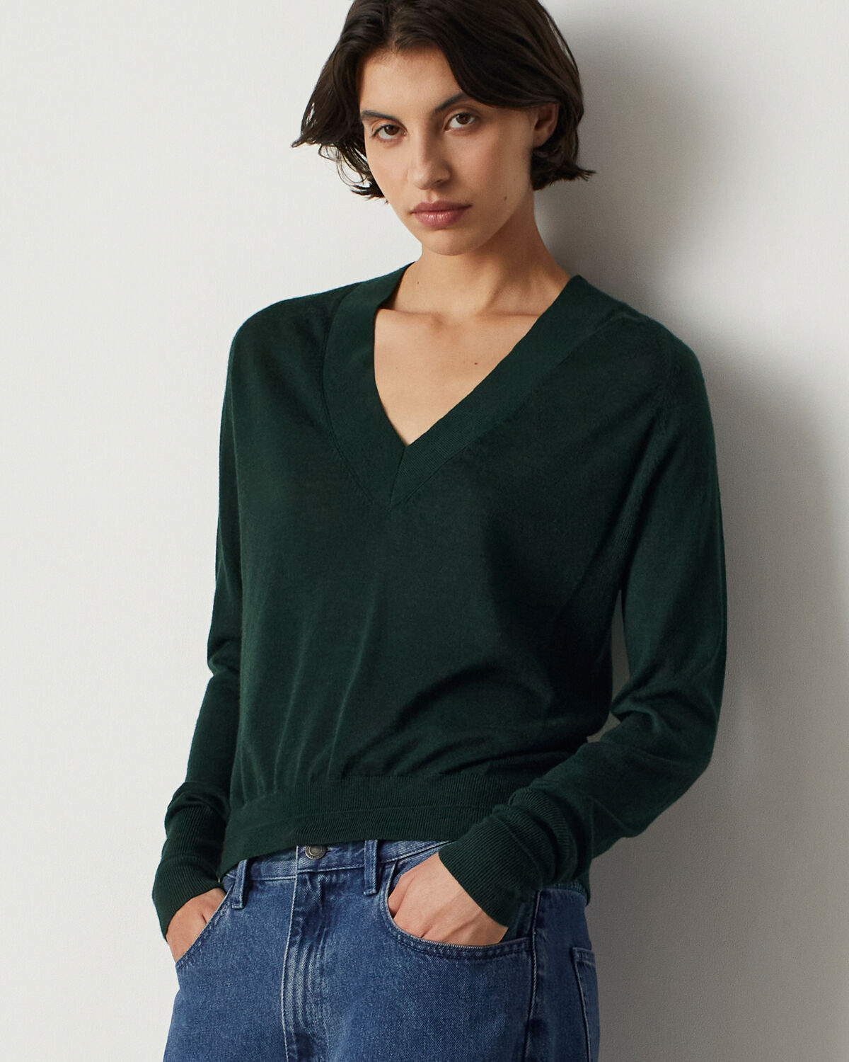 Pull col V en laine mérinos et soie - M590 VERT FONCE - 2