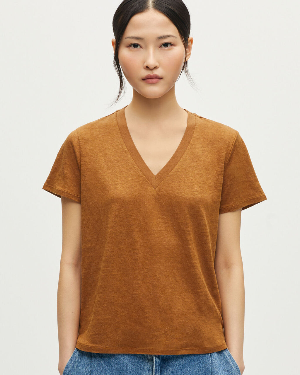 T-shirt col V en lin - U370 BROWN - 1