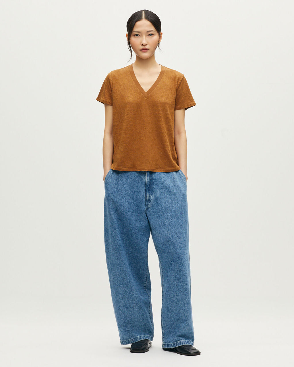 T-shirt col V en lin - U370 BROWN - 2